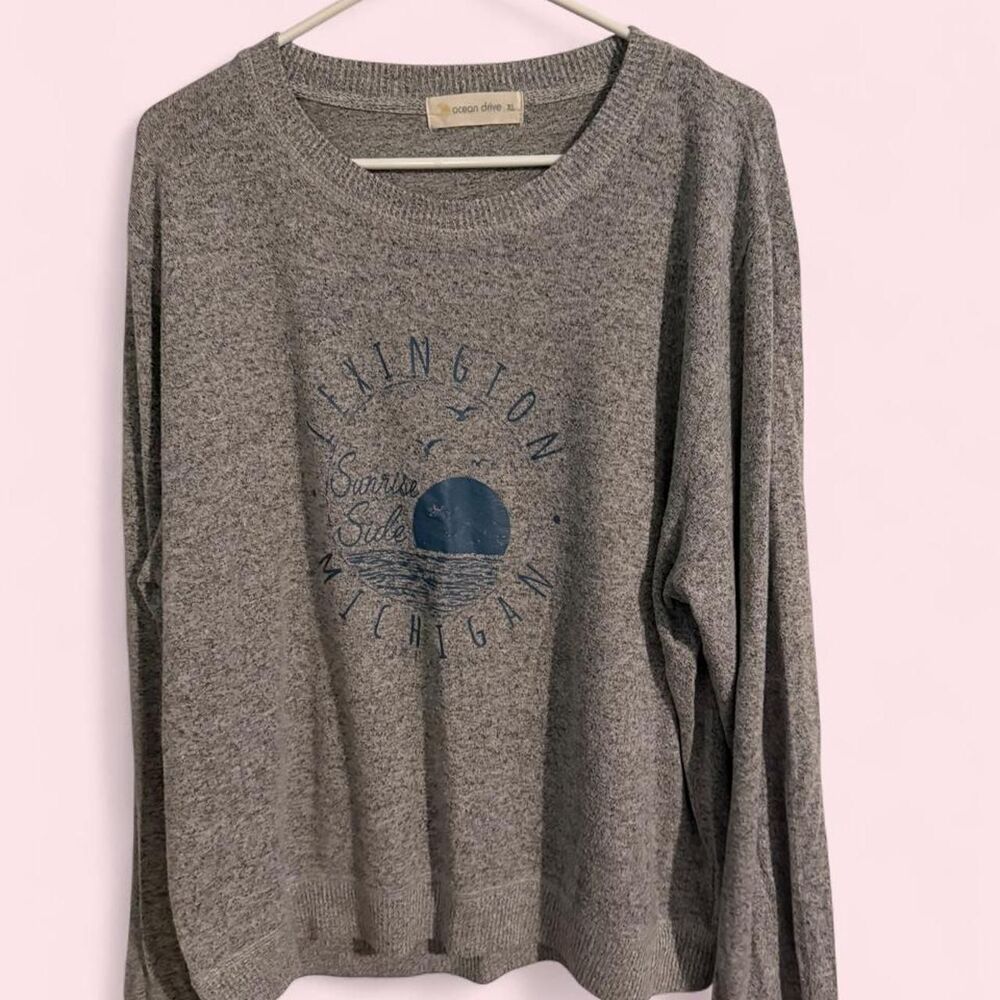 Ocean Drive Sweater Womens XL Gray Lexington Michigan Sunset Knit Pullover